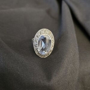 Vintage 1990s Sterling Silver Marcasite Ring with Blue Glass Stone